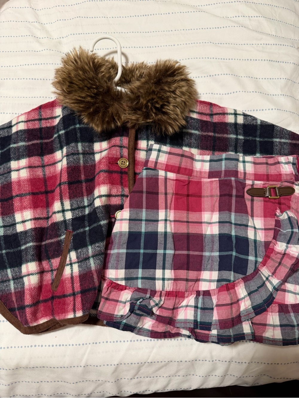 Girls' Pink Plaid Faux-Fur Trim Coat with matching skirt
